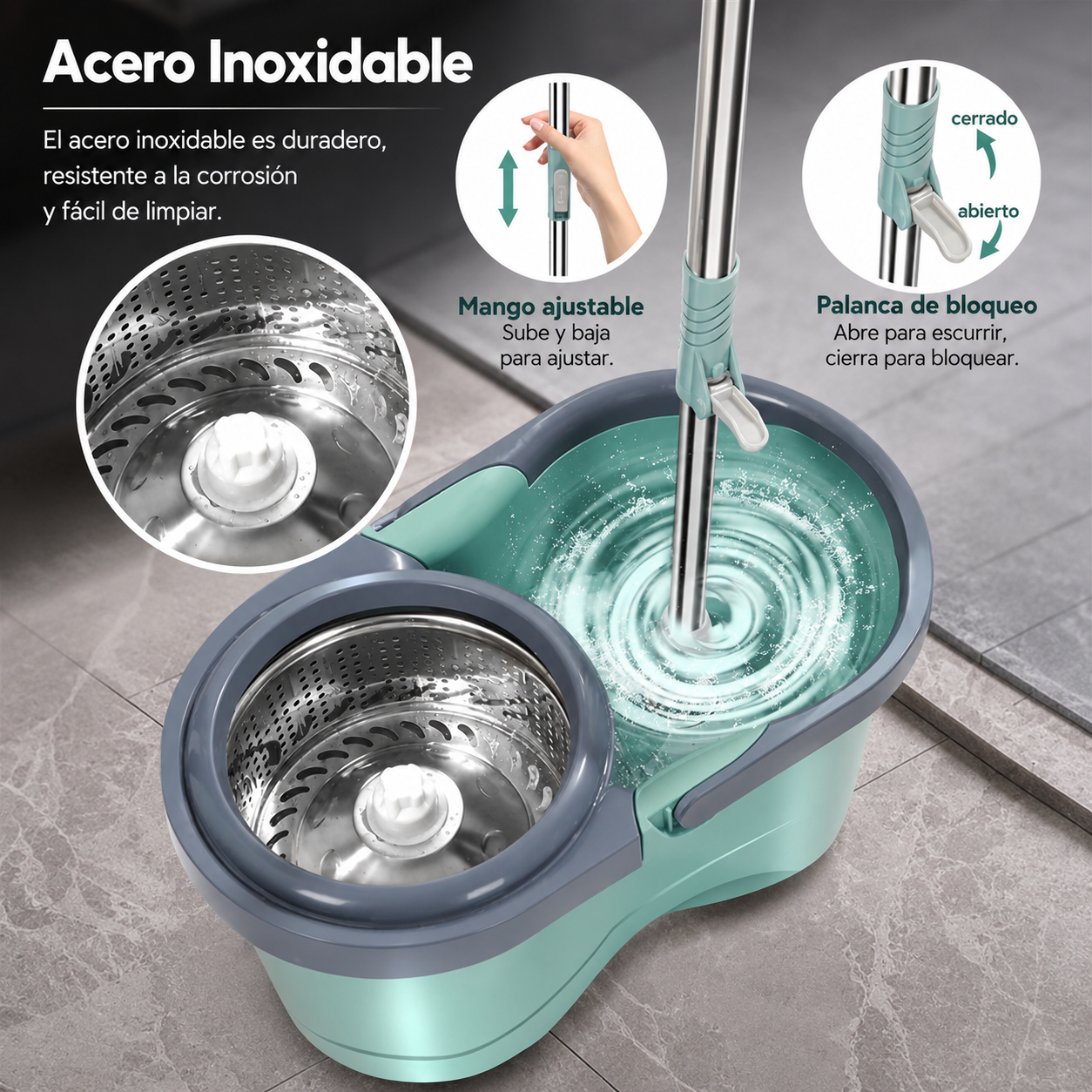Trapeador Giratorio 360° con Cubeta Centrifugado Doble Turbina Sin Agacharse